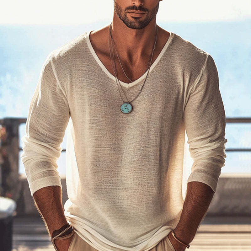 Camiseta informal de manga larga con cuello redondo y textura de color liso para hombre