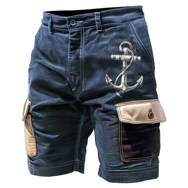 Men's Corduroy Nautical Anchor Print Vintage Color Block Multi Pocket Shorts