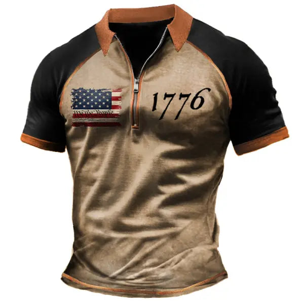 Men's Vintage American Flag 1776 Patriotic Independence Day Print Color Block Short Sleeve Zipper Polo T-Shirt