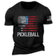 Men's Cotton Vintage Pickleball Player Paddleball Lover America Flag Print Crew Neck Short Sleeve T-shirt