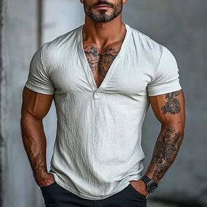 Men's Solid Color V-neck Short-sleeved Cotton T-shirt