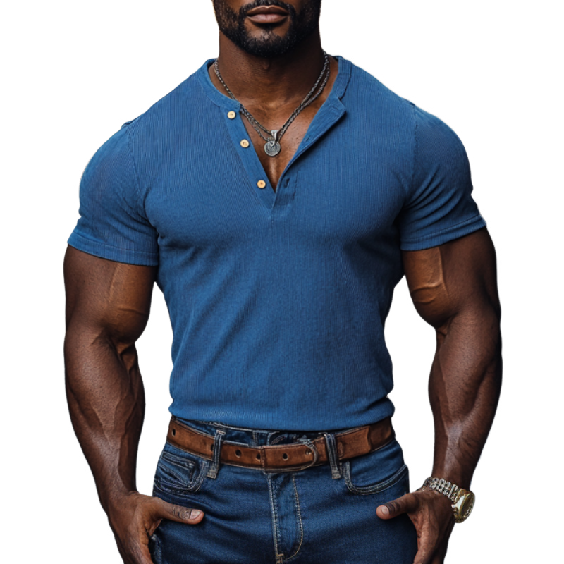 Lässiges Herren-T-Shirt aus Baumwolle mit elastischem Rippenmuster und Henley-Kragen, schmale Passform, kurzärmelig