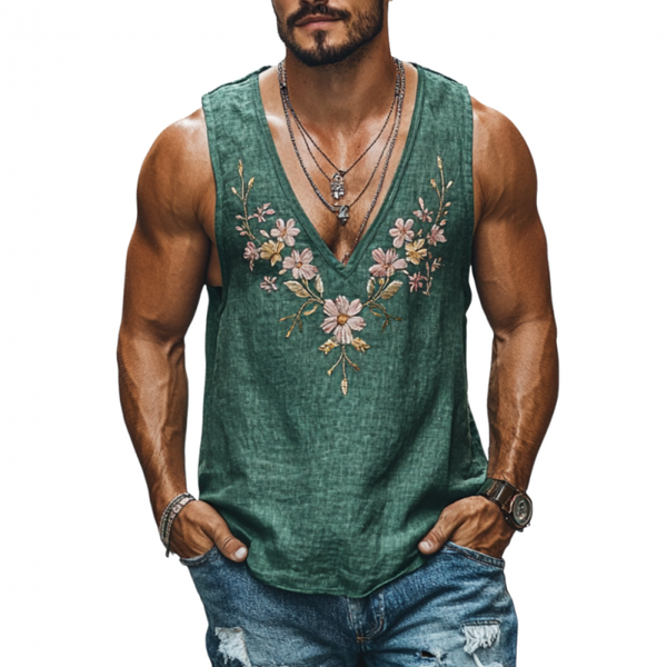 Lässiges Herren-Tanktop mit tiefem V-Ausschnitt, Leinen und Blumenstickerei, schmale Passform