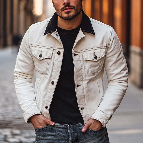 Men's Vintage White Colorblock Collar Denim Jacket 55761184U