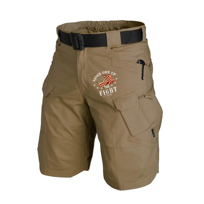 NEVER GIVE UP USA FLAG TACTICAL MULTI POCKETS 11'' INSEAM PERFORMANCE CARGO SHORTS WITH BUCKLE BELT