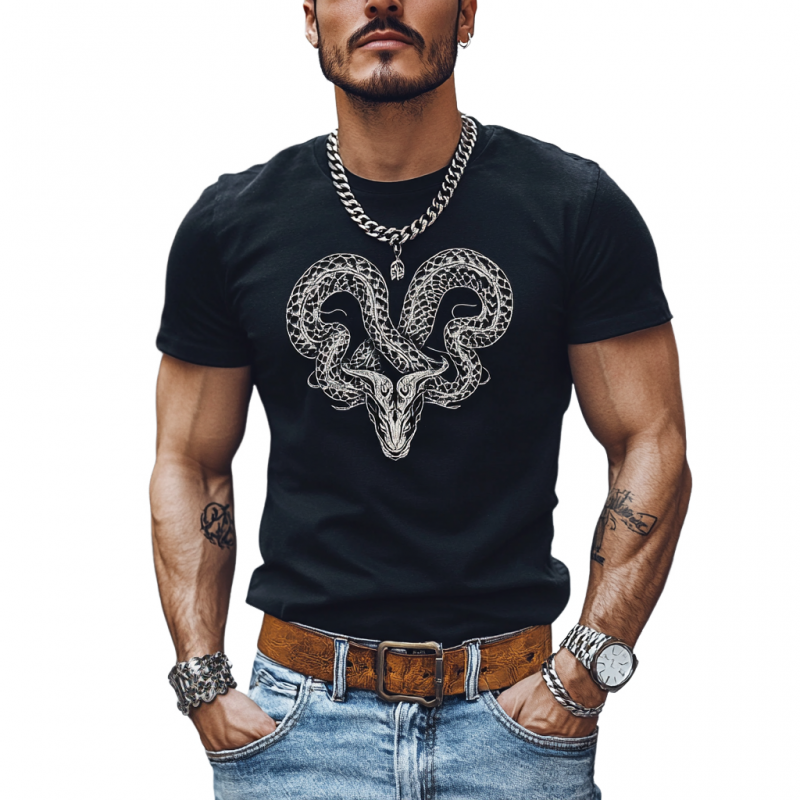 Lässiges Herren-T-Shirt aus Baumwolle mit Schlangenstickerei und Rundhalsausschnitt, schmale Passform, kurzärmelig
