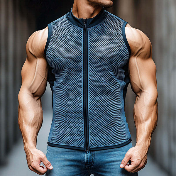 Camiseta deportiva sin mangas con cuello alto, cremallera y tejido de malla elástico informal retro para hombre