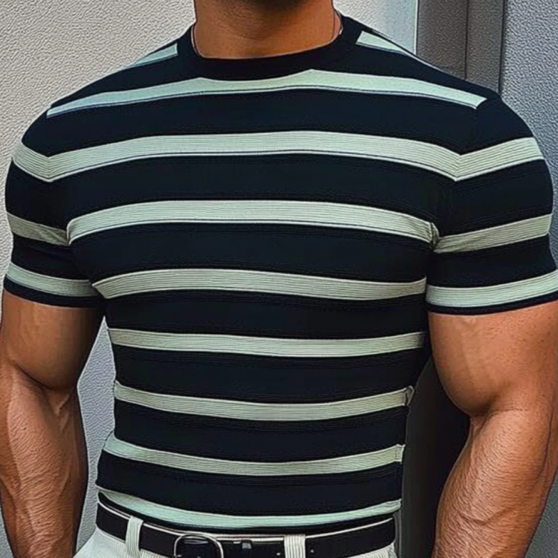 Camiseta informal de punto de manga corta con cuello redondo, rayas y contraste de colores para hombre
