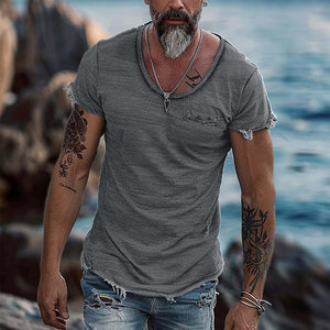 Camiseta retro de manga corta con cuello redondo y borde sin rematar de color liso para hombre