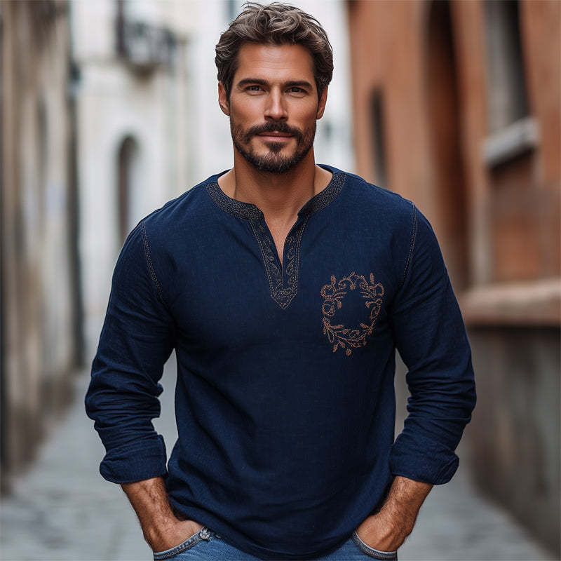 Camiseta de manga larga con cuello en V y bordado vintage de algodón y lino azul marino para hombre