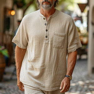 Men's Solid Linen Loose Casual Henley Shirt