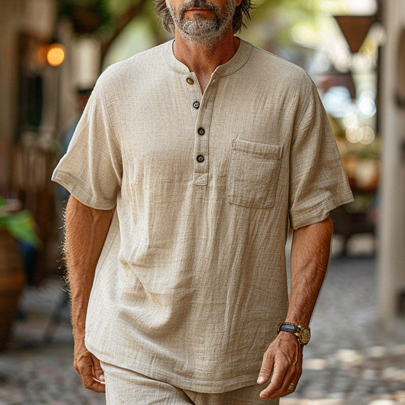 Camisa Henley informal holgada de lino liso para hombre