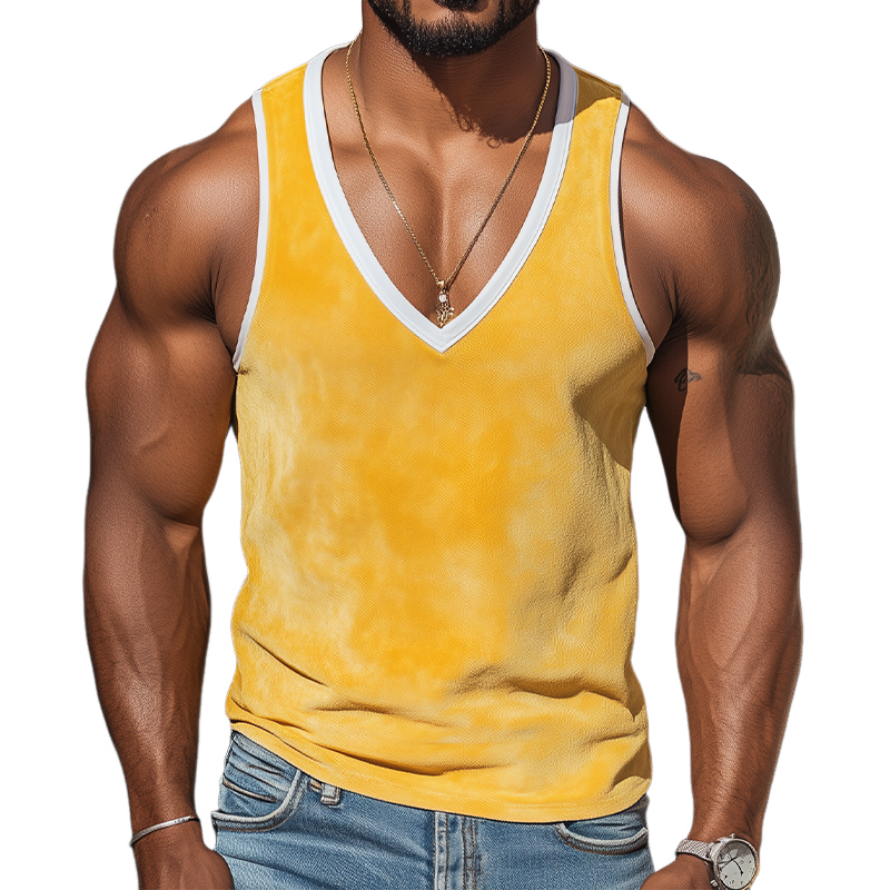 Camiseta sin mangas de gamuza con cuello en V profundo y costuras de colores brillantes para hombre, estilo informal y de moda de verano