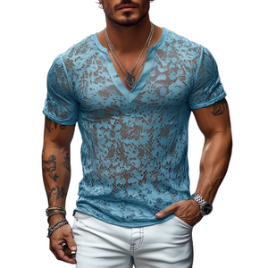 Camiseta informal de manga corta con cuello en V y encaje ajustado para hombre, moda de primavera y verano