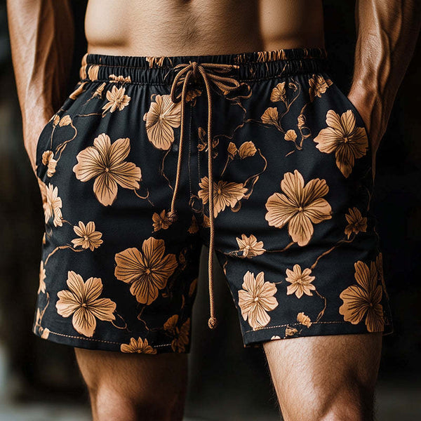 Lässige Vintage-Shorts mit Blumendruck und Kordelzug für Herren