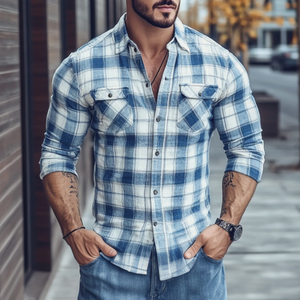 Camisa informal de algodón a cuadros con solapa y bolsillo en el pecho para hombre, corte entallado, manga larga