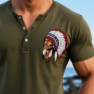 Camiseta informal de manga corta con cuello henley y estampado para hombre