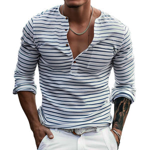 Camiseta informal de manga larga con cuello Henley a rayas para hombre