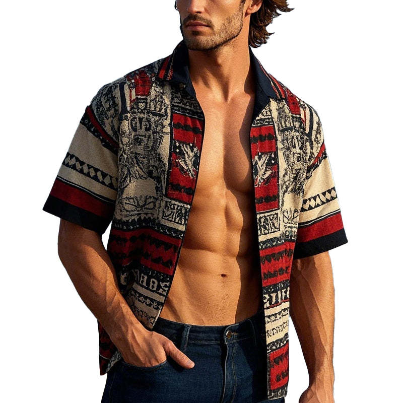 Camisa de manga corta con solapa estampada vintage para hombre