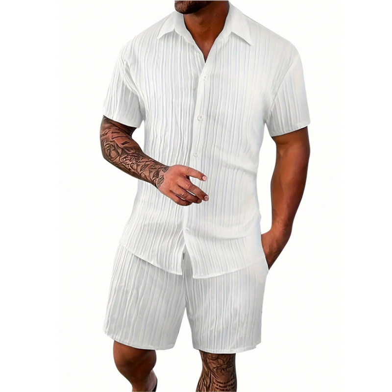 Herren Frühlingsmode Casual Slim Fit Kurzarmhemd Länge bis zum Knie Shorts Set