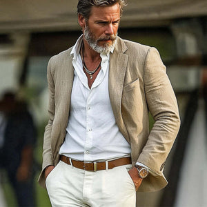 Men's Spring And Autumn Khaki Cotton And Linen Casual Blazer