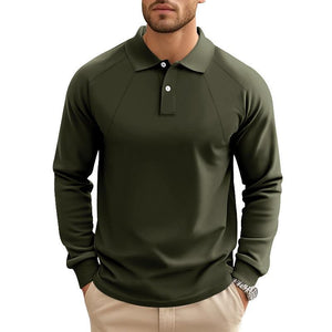 Polo informal de manga larga raglán con solapa de color liso para hombre