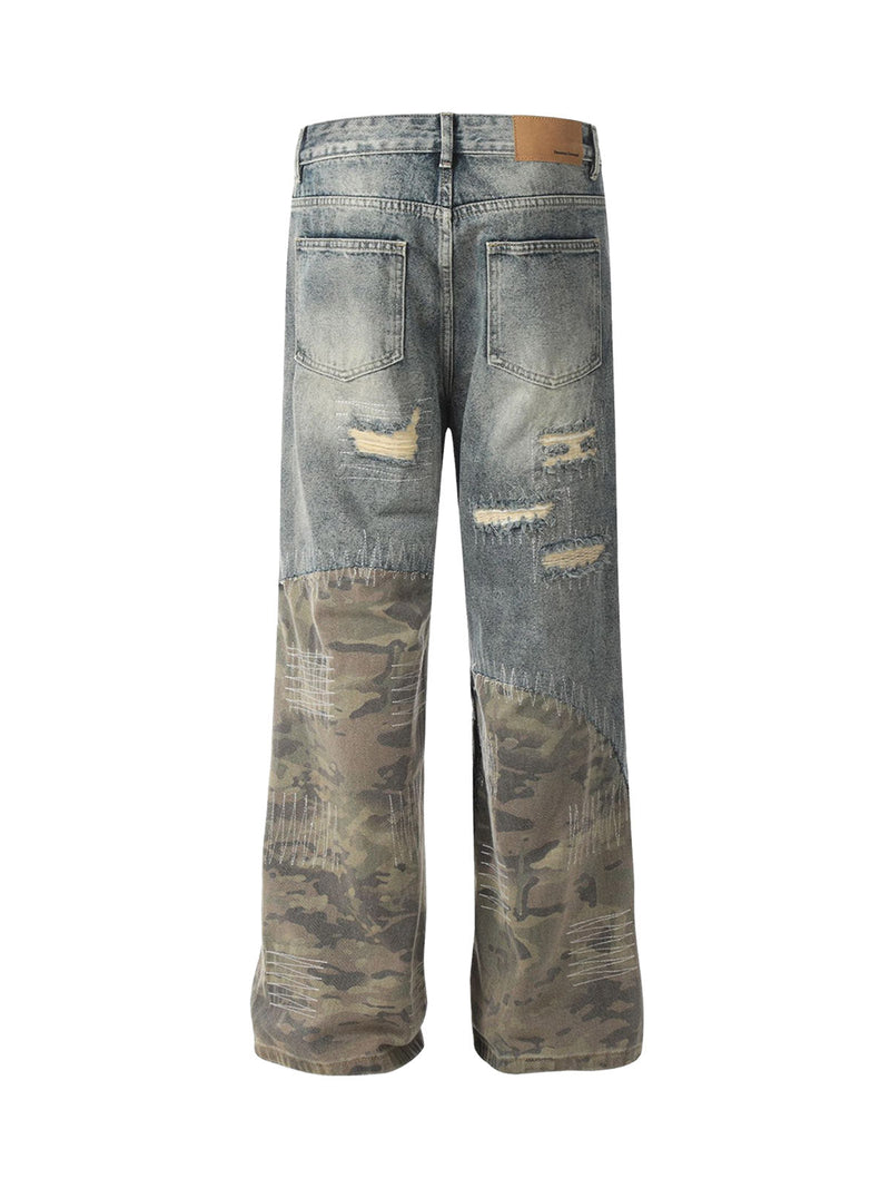 Ripped Camouflage Patchwork Baggy Jeans