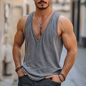 Camiseta deportiva sin mangas de mezcla de algodón con cuello en V para hombre