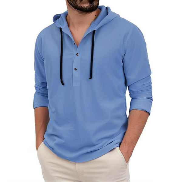 Camisa informal de manga larga con capucha y botones lisos para hombre