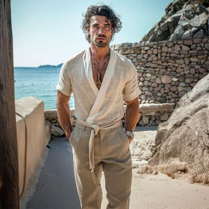 Camiseta retro de manga corta con cuello redondo y borde sin rematar de color liso para hombre