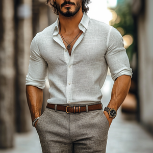 Men's Casual Cotton Linen Lapel Single Breasted Slim Fit Long Sleeve Shirt