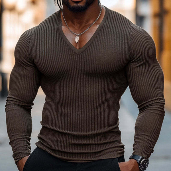 Camiseta informal de algodón mezclado con cuello en V y manga larga ajustada para hombre