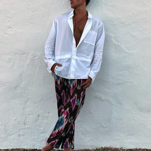 Men's Solid Lapel Chest Pocket Long Sleeve Shirt