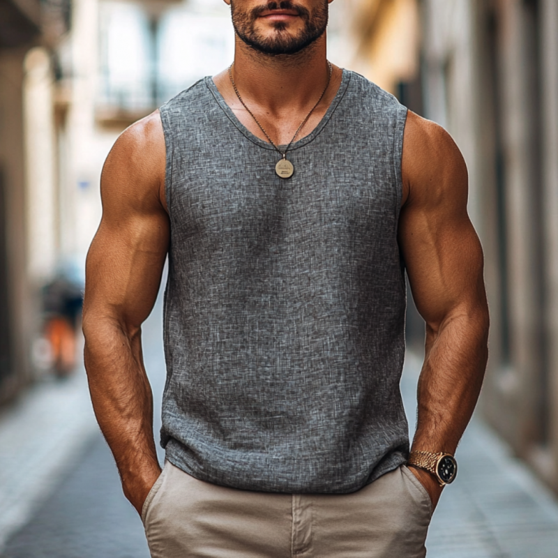 Men's Casual Linen Round Neck Loose Tank Top