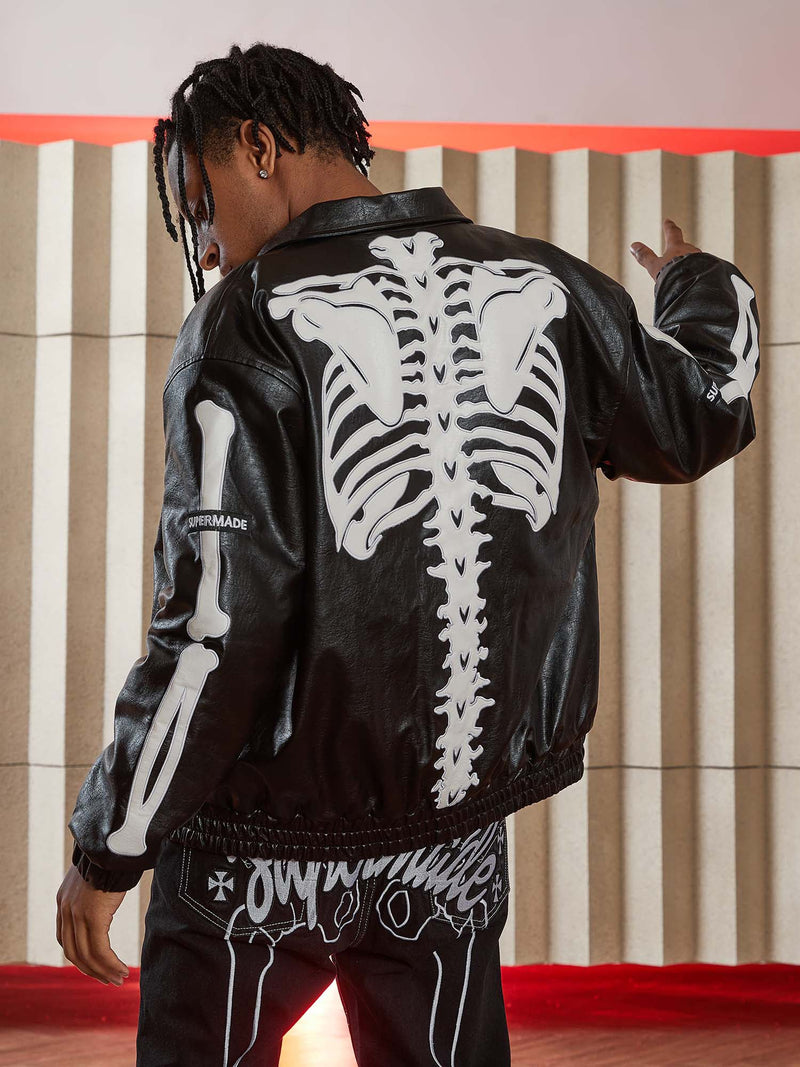 Hip Hop Bones Embroidered Leather Jacket