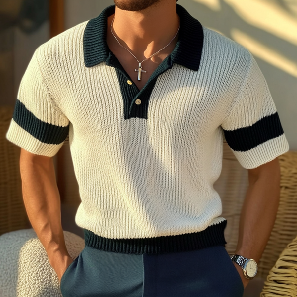 Men's Casual Contrast Lapel Slim Fit Knitted Short Sleeve Polo Shirt