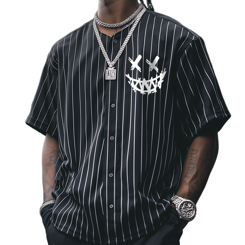 Herren Retro Casual Gestreiftes Smiley-Gesicht Hip Hop Baseball Button Kurzarm T-Shirt