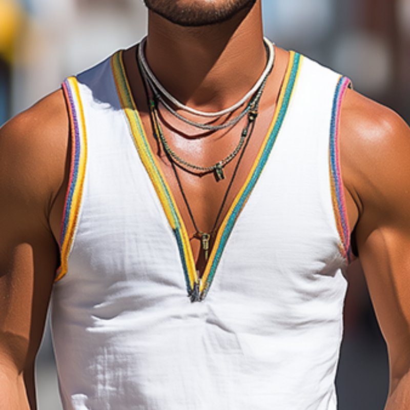 Men's Fashion Casual Deep V-Neck Colorful Ribbon Cotton And Linen Tank Top
