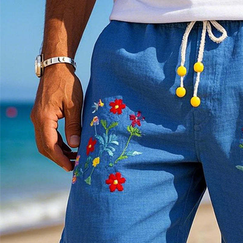 Men's Floral Embroidered Blend Shorts