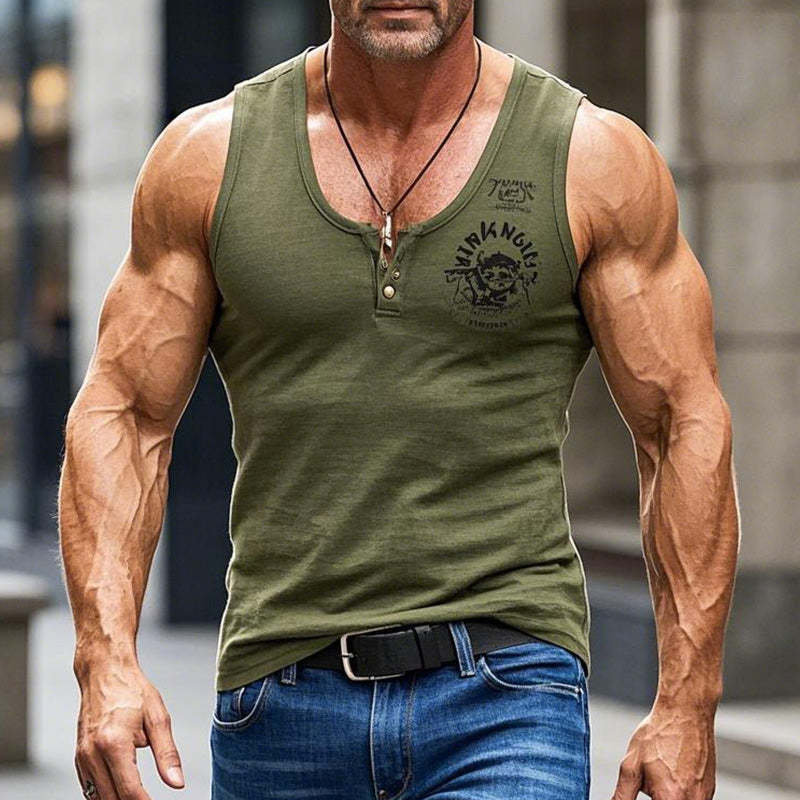 Men's Army Green V-Neck Printed Slim Fit Tank Top