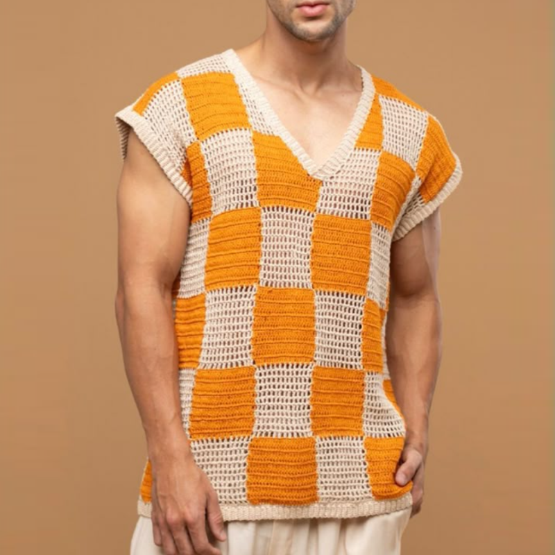 Men's Casual V-Neck Check Jacquard Breathable Loose Knitted Tank Top