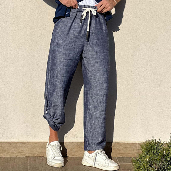 Pantalones casuales de algodón y lino con cintura elástica para hombre