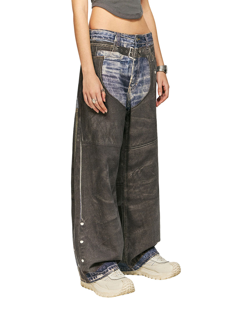 Washed Printed Patchwork Straight Jeans