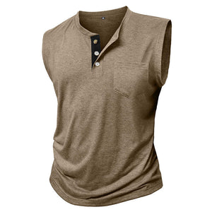 Camiseta sin mangas informal de mezcla de algodón con cuello henley en contraste para hombre