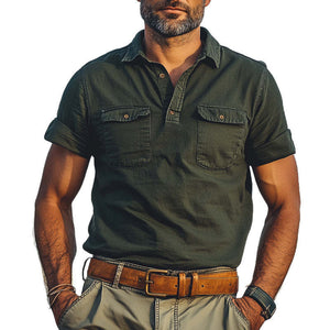 Camiseta informal de verano con cuello polo desgastado y doble bolsillo para hombre