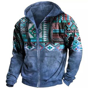 Men's Retro Casual Ethnic Style Geometric Print Zipper Hoodie