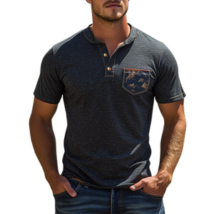 Camiseta clásica vintage de algodón con cuello henley de la serie Yellowstone Park para hombre