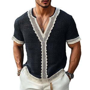 Camiseta informal de manga corta con cuello en V y encaje empalmado para hombre