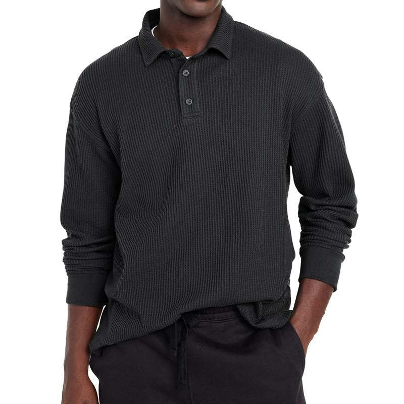 Men's Casual Solid Color Button Lapel Long Sleeve Polo Shirt
