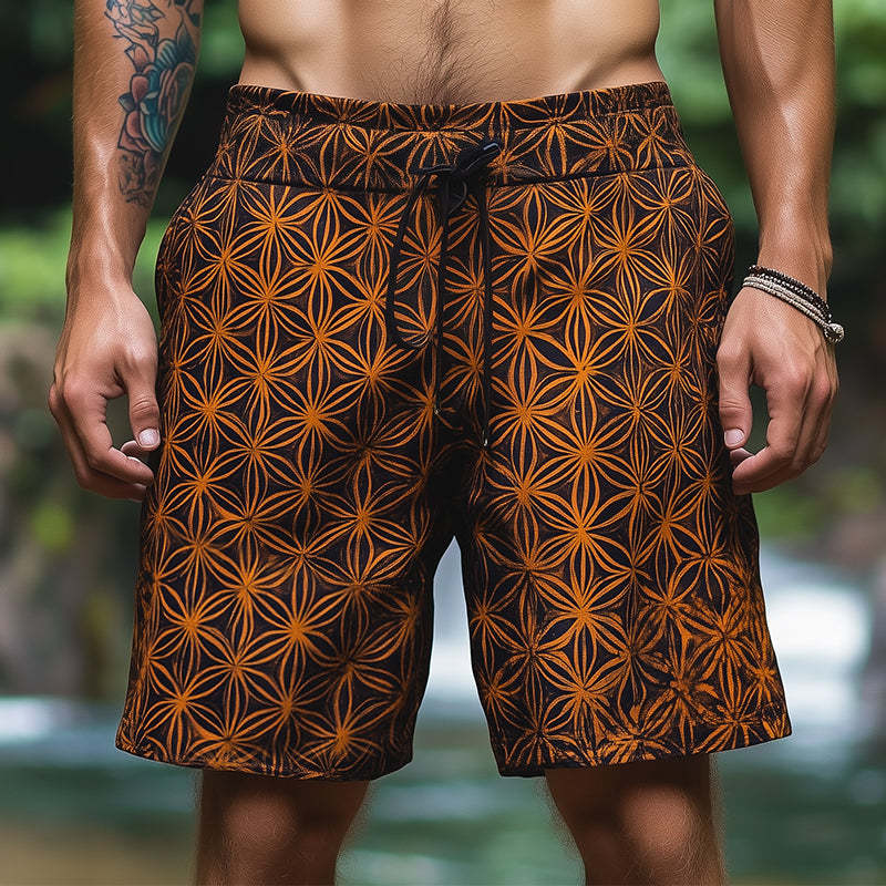 Lässige Vintage-Shorts mit Blumen-des-Lebens-Print für Herren